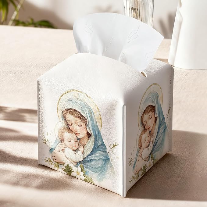 Holy Infant & Virgin Mary Square Tissue Box Cover, PU Leather Drawstring Bottom - Image 9