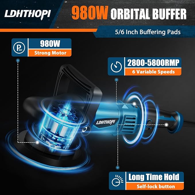 LDHTHOPI Dual Action Polisher, 980W 5/6 Inch, 2026 Upgraded 9MM Random Orbital - Image 2