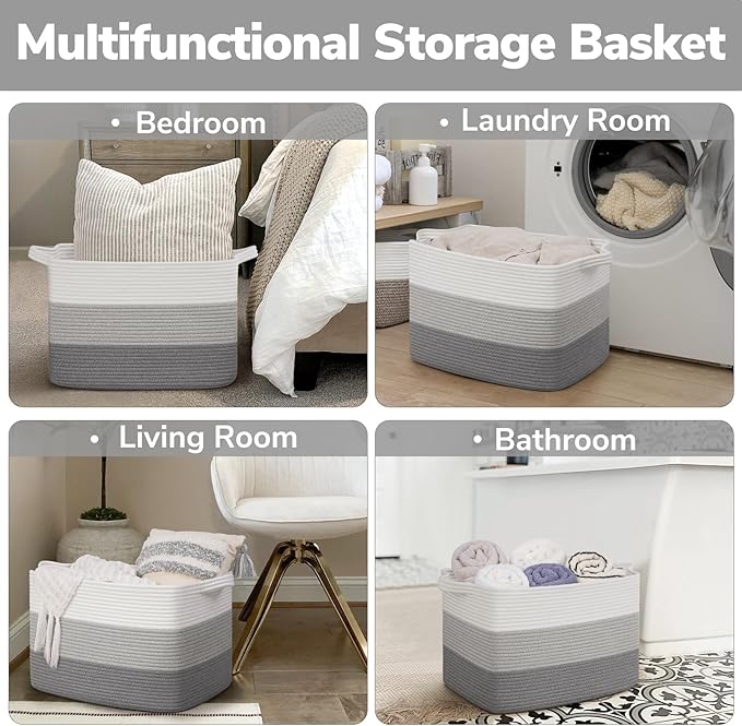 Goodpick Large Woven Basket, Rectangle Rope Storage Baskets - Image 6