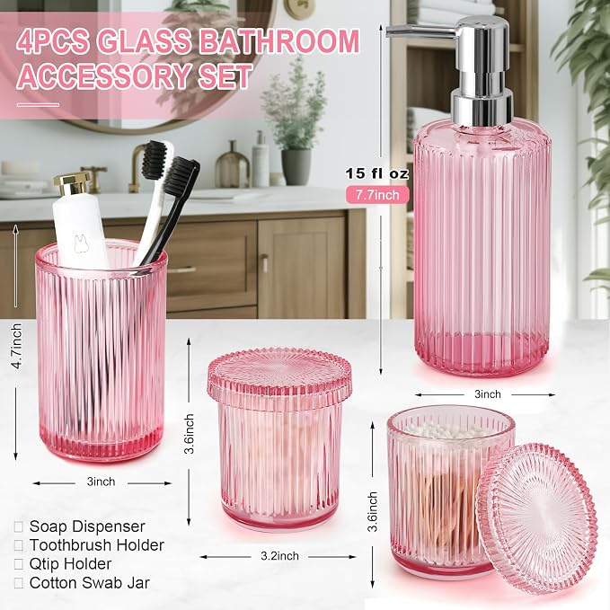 Pink Bathroom Accessories Set, Qtip Holder Set, Vintage Bathroom Sink Set - Image 2