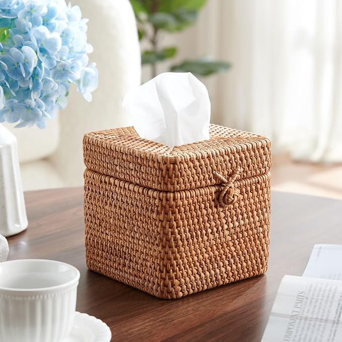 Rattan Square Tissue Box Cover, 5.7" x 5.7" x 5", Decorative Woven Facial - Image 6
