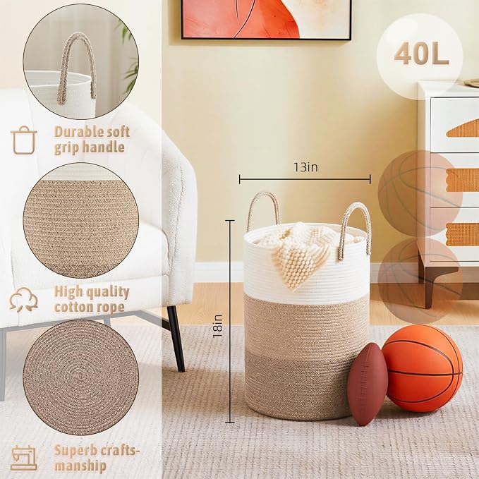 Laundry Basket, Woven Cotton Rope Laundry Hamper, 40L - Image 6