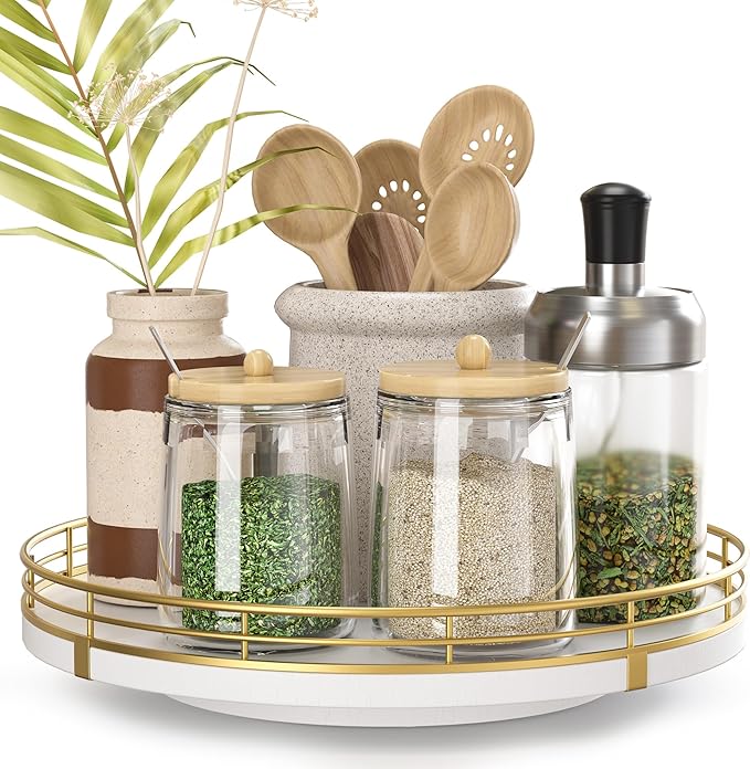 9" Wooden Lazy Susan Turntable for Cabinet – Rotating Spice Rack Organizer by Oroyutor