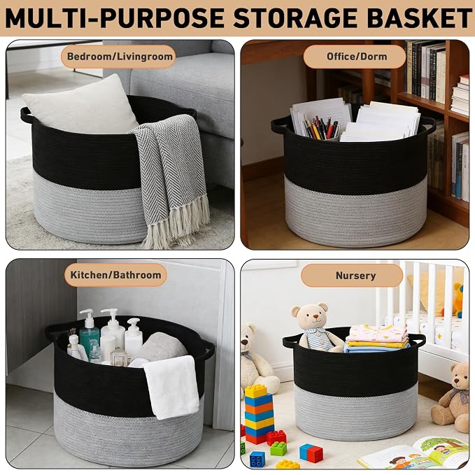 115L Large Blanket Basket, 23.6"L x 23.6"W x 15.7"H Rope Woven Baskets - Image 5
