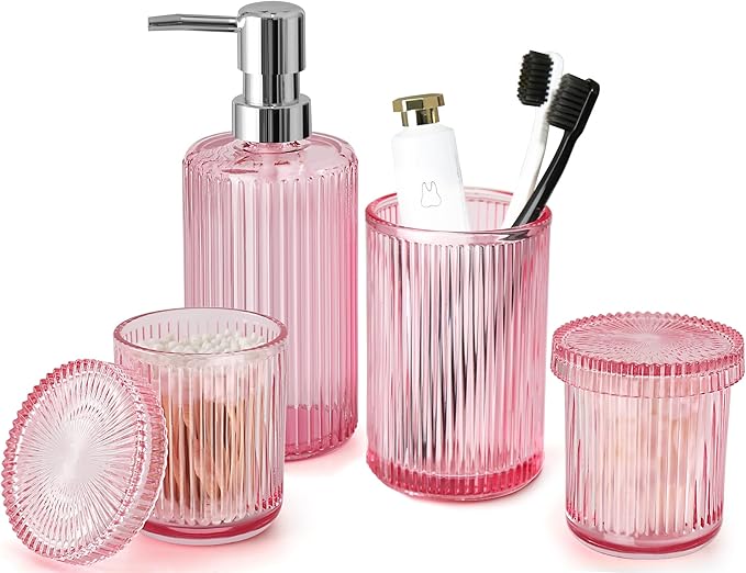 Pink Bathroom Accessories Set, Qtip Holder Set, Vintage Bathroom Sink Set by ALPIRIRAL