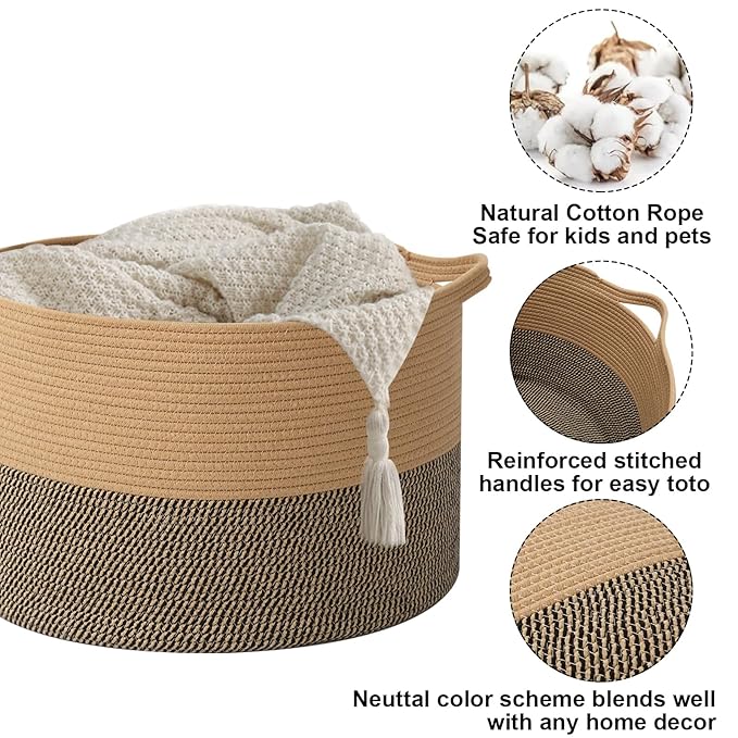 65L Large Blanket Basket, 19.7" L x 19.7" W x 13" H Rope Woven Baskets - Image 3