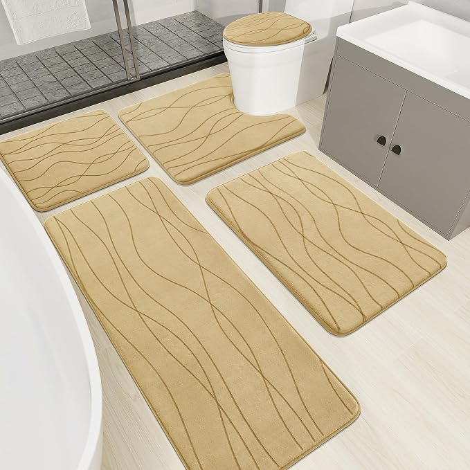 YIHOUSE Memory Foam Beige Bathroom Rug Sets 5 Piece, Ultra Absorbent Bath Mat by YIHOUSE
