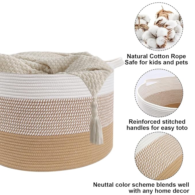 115L Large Blanket Basket, 23.6"L x 23.6"W x 15.7"H Rope Woven Baskets - Image 3