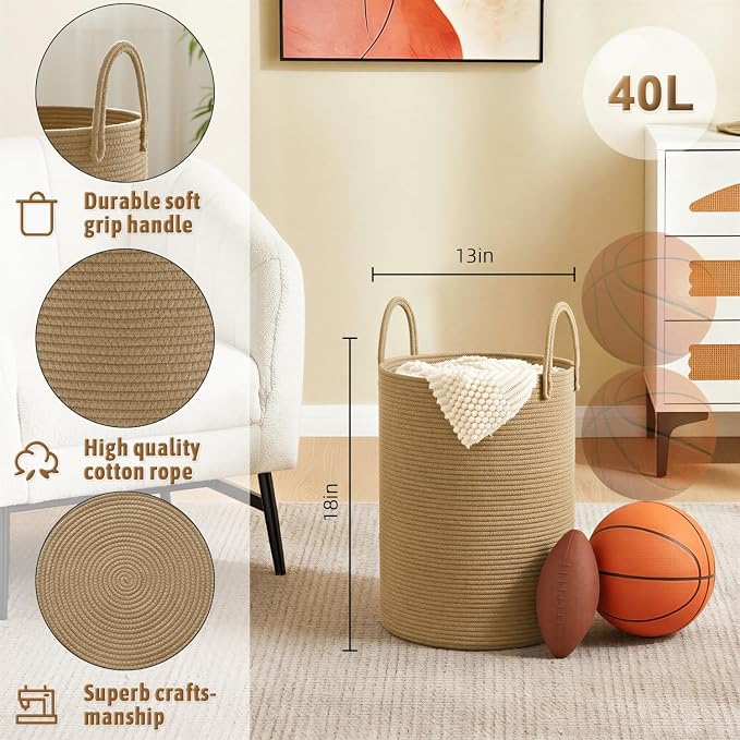 Laundry Basket, Woven Cotton Rope Laundry Hamper, 40L - Image 6