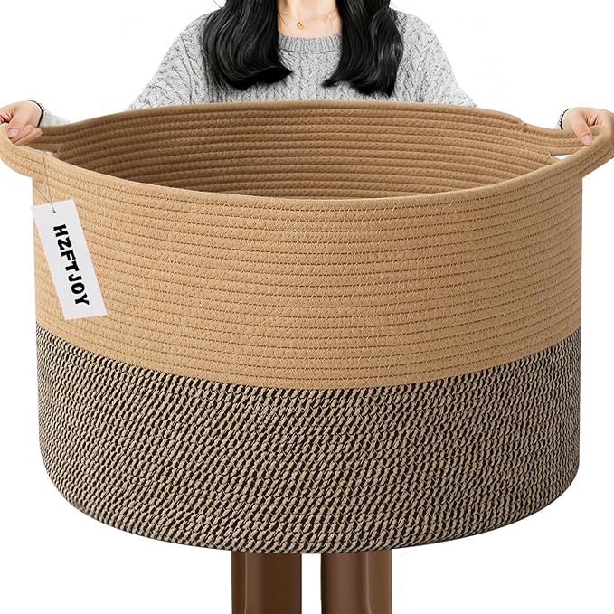 65L Large Blanket Basket, 19.7" L x 19.7" W x 13" H Rope Woven Baskets by HZFTJOY