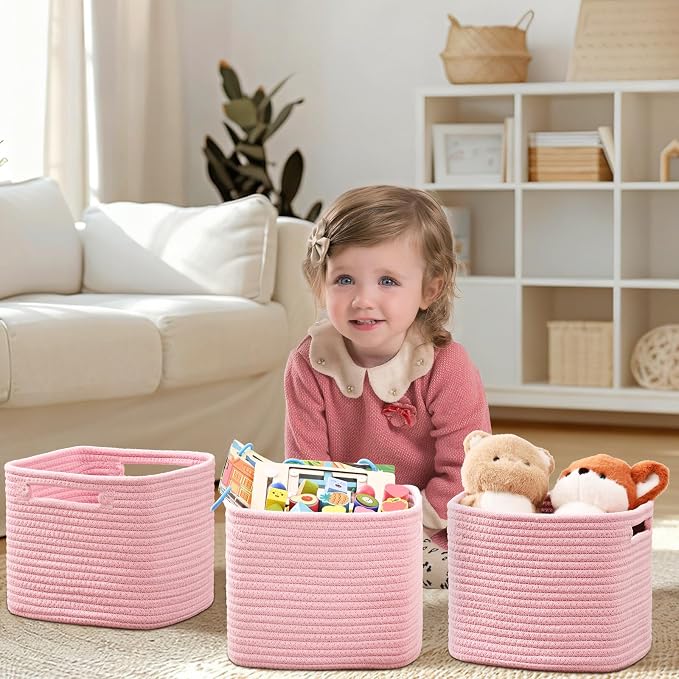 3 Pack Cube Storage Bin, 9”x9”x7” Cotton Rope Woven Baskets - Image 2