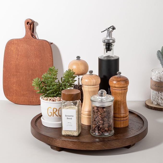 Round Decorative Tray Wood Bathroom Counter Organizer Farmhouse Kitchen Decor - Image 2