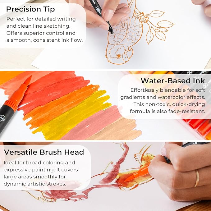 Orange Duo Tip Marker Pens, 12 Pack Fine & Brush Markers - Image 3
