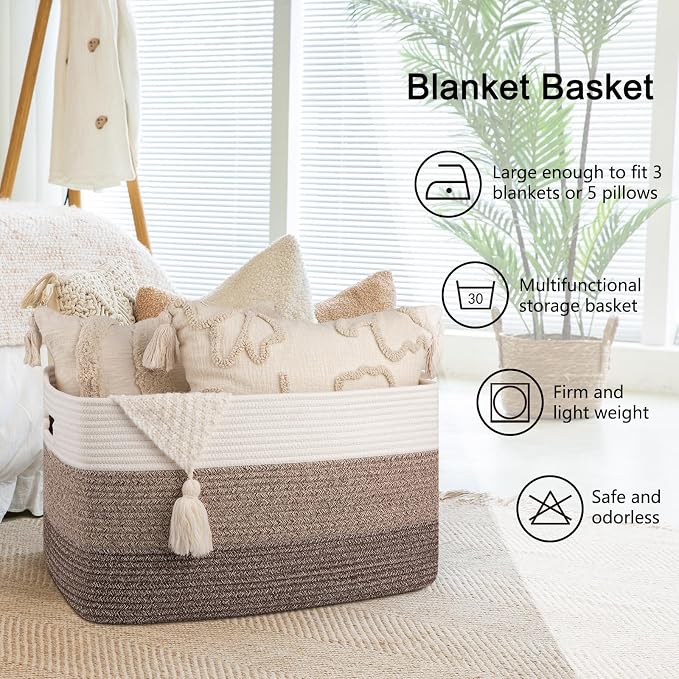 OIAHOMY Large Blanket Basket For Living Room, Rectangle Woven Baskets for - Image 6