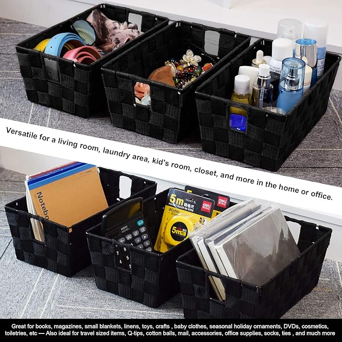 Woven Black Storage Baskets Shelf Tote Boxes Container, Durable Storage - Image 2