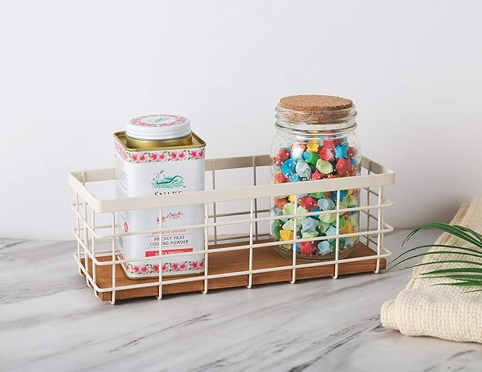 TIEYIPIN Small Metal Wire Storage Basket, Detachable Wood Base Storage - Image 3
