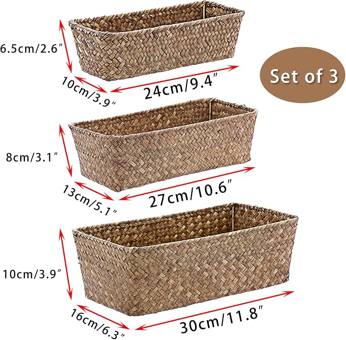 3 Natural Wicker Basket Set Rectangular Handwoven Seagrass Basket Storage Bins - Image 2
