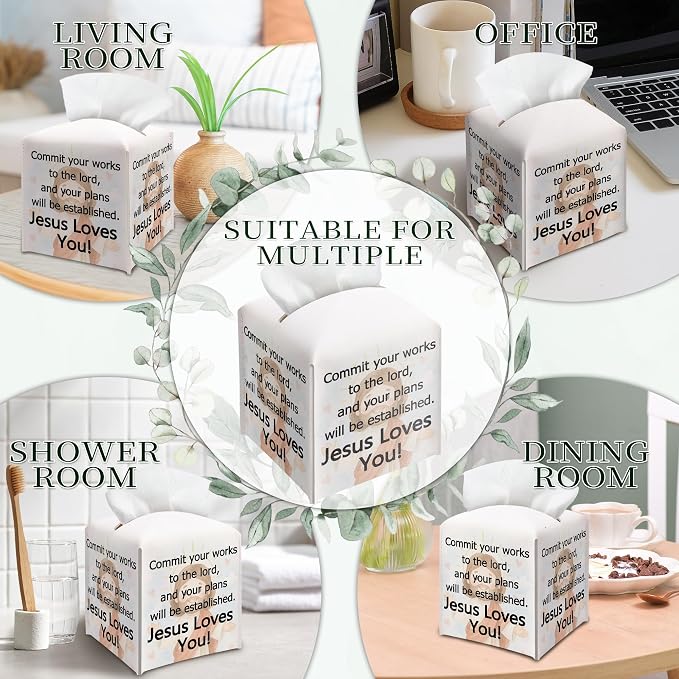 Christian Square Tissue Box Cover, PU Leather Drawstring Bottom - Image 6