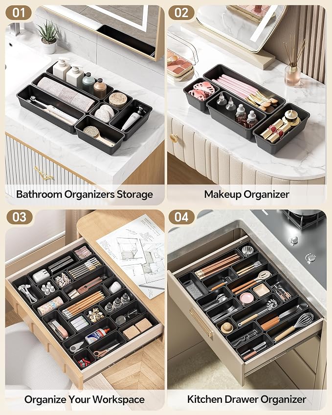 13 Pack Plastic Drawer Organizers Set, 3 Sizes Desk Drawer Organizer Trays - Image 5