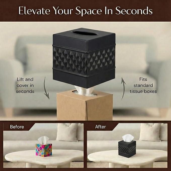 Monarch Abode Tissue Box Cover Square – Handcrafted Geo Embossed Black Metal - Image 6