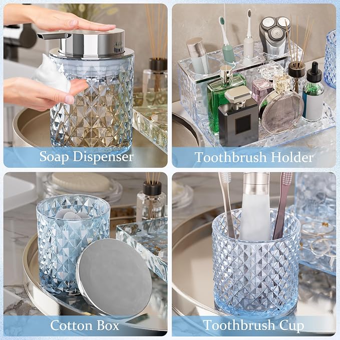 Blue Bathroom Accessories Set, Soap Dispenser, Soap Dish, Qtip Jar, Toothbrush - Image 4