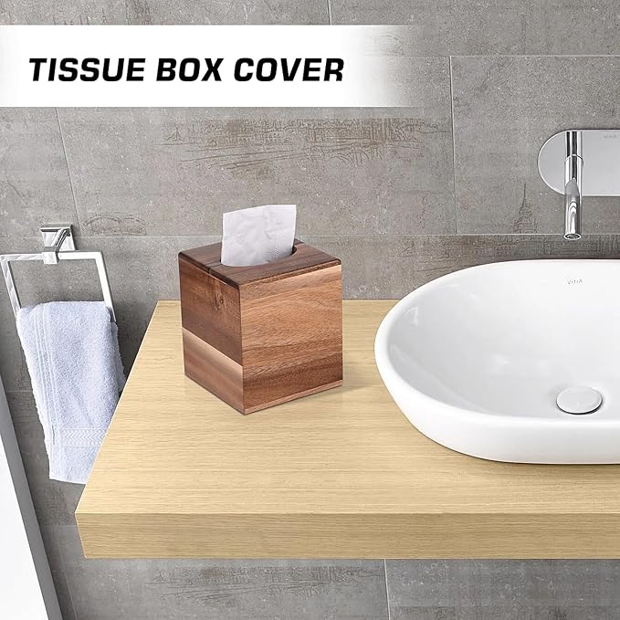Tissue Box Cover Square, Acacia Wood Tissue Box Holder - Image 7