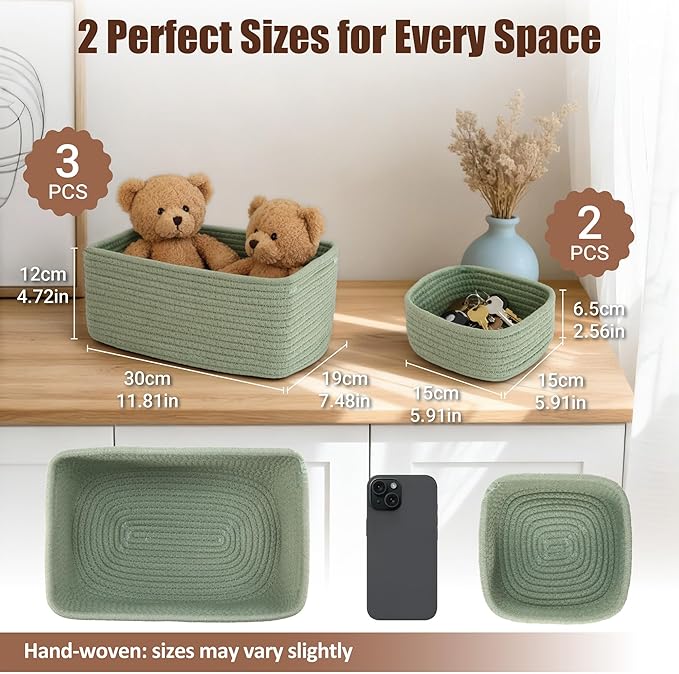 5-Pack Small Woven Rope Storage Baskets – 2 Sizes Organizer Bins - Image 2