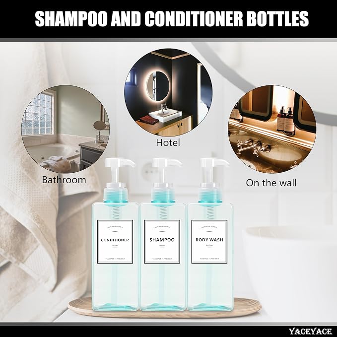 Blue Shampoo and Conditioner Bottles, YACEYACE 16.9oz Set of 3 Blue Clear Empty - Image 7