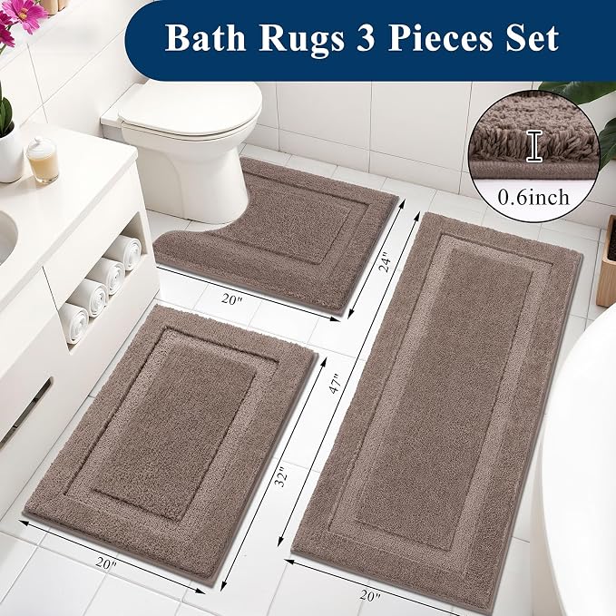 SHACOS Brown Bathroom Rugs Sets 3 Piece, Soft Fluffy Water Absorbent Bathroom - Image 3
