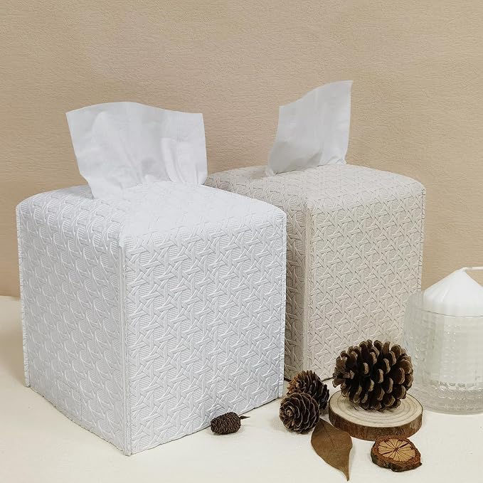 HOMOTEK 2 Pack Tissue Box Cover, PU Leather Tissue Holder, Square Decorative - Image 6