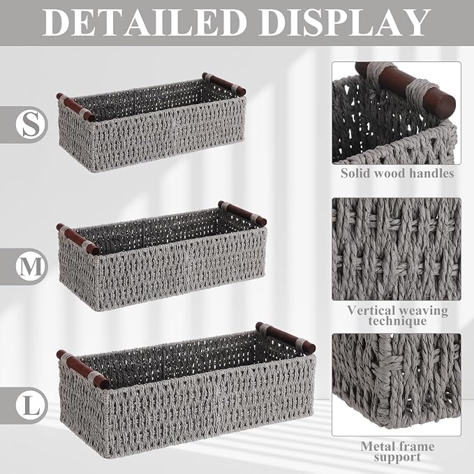 Boao 3 Pcs Boho Storage Wicker Baskets Handmade Woven Decorative Paper Rope - Image 3