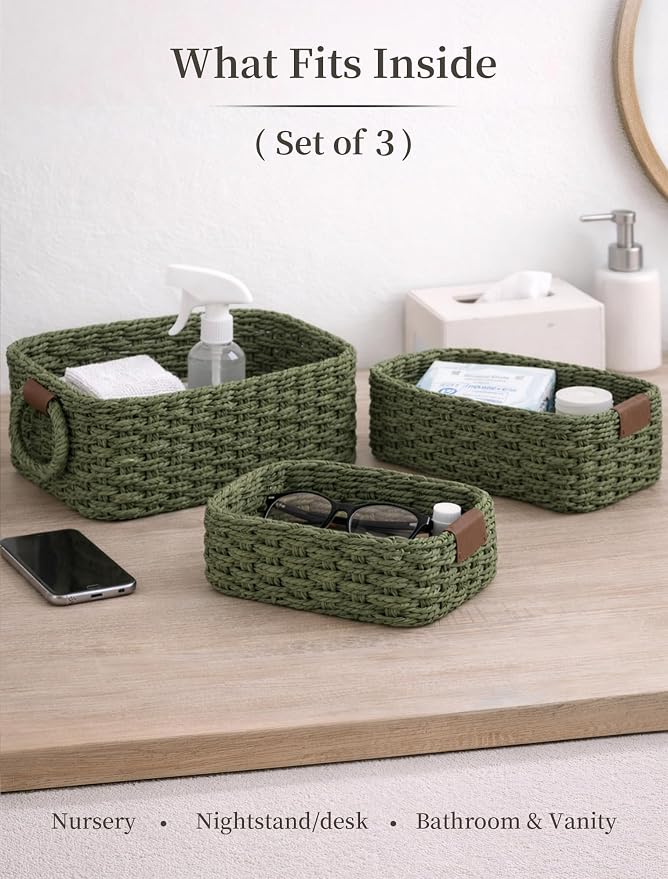 Storage Basket, Recycled Paper Rope Bathroom Basket Organizer, Mini wicker - Image 3