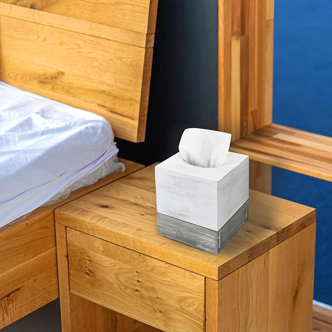 MyGift Tissue Box Cover Square Vintage White and Distressed Gray Wood Bathroom - Image 4