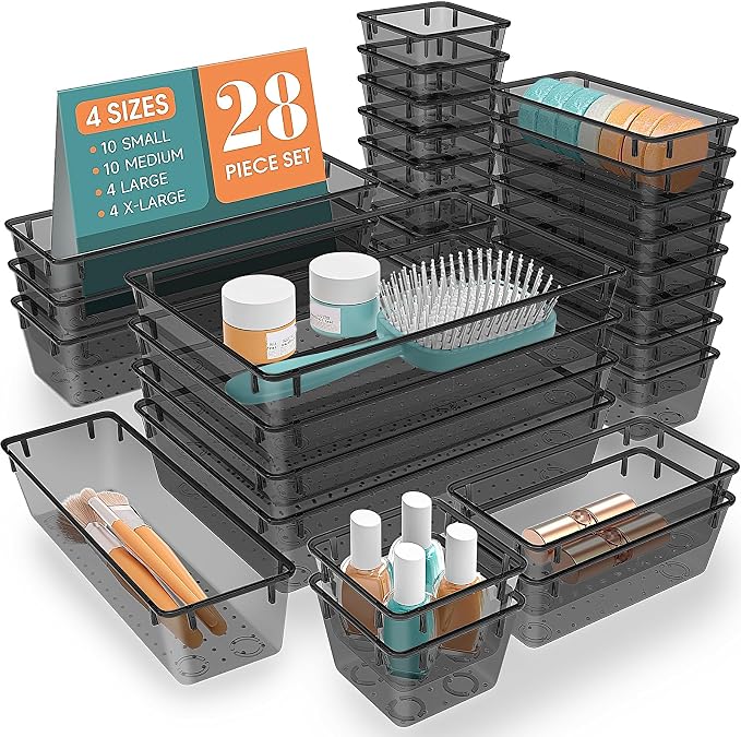 28 PCS Clear Plastic Drawer Organizers Set, 4 Size Desk Drawer Organizer Trays by StorMiracle