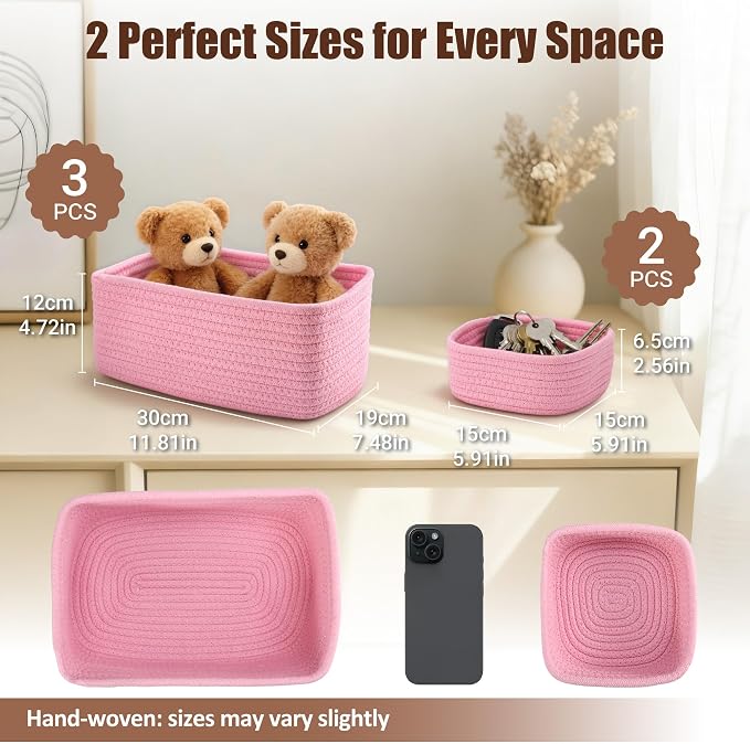 5-Pack Small Woven Rope Storage Baskets – 2 Sizes Organizer Bins - Image 2