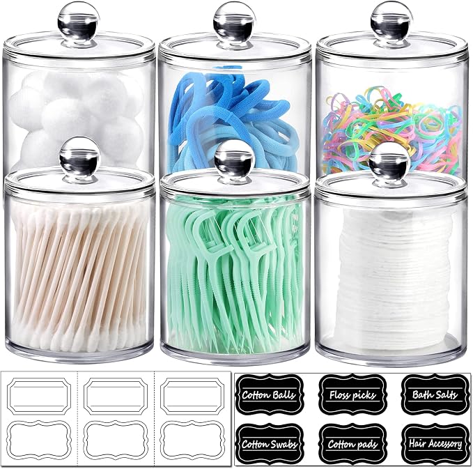 SheeChung 6-Pack Clear Acrylic Apothecary Jars - 10oz & 12oz Qtip Holder Set - by SheeChung