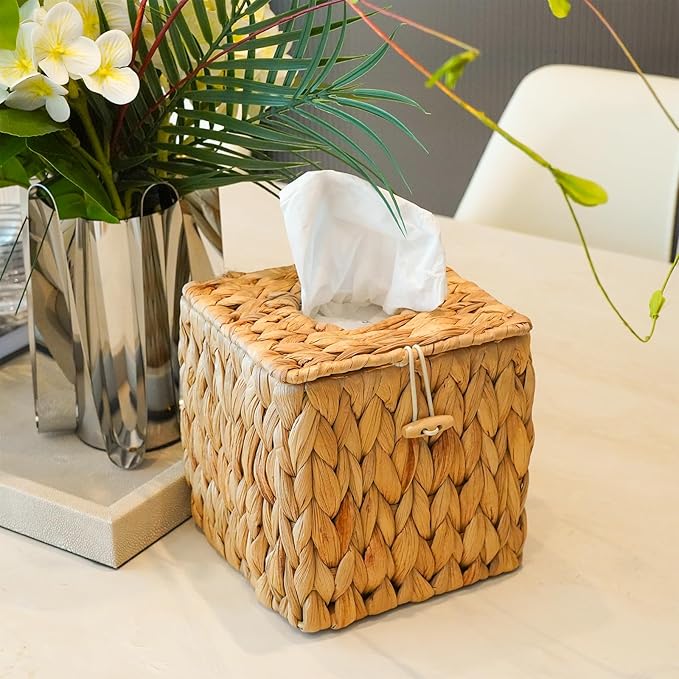 PINXIURY Tissue Box Cover Square Handwoven Rattan Tissue Box Holder, Natural - Image 6