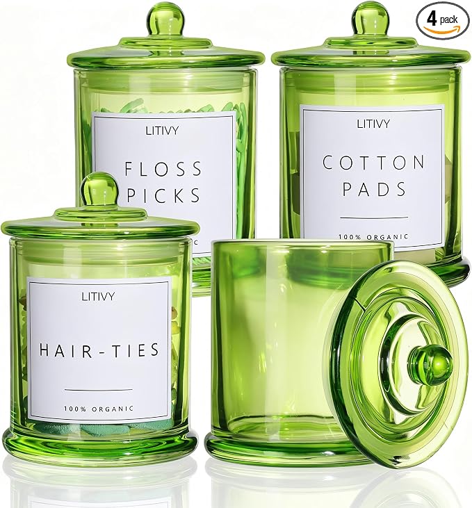 4 Pack Bathroom Organizers and Storage - 16 Oz Glass Qtip Holder & Cotton Pad by LITIVY