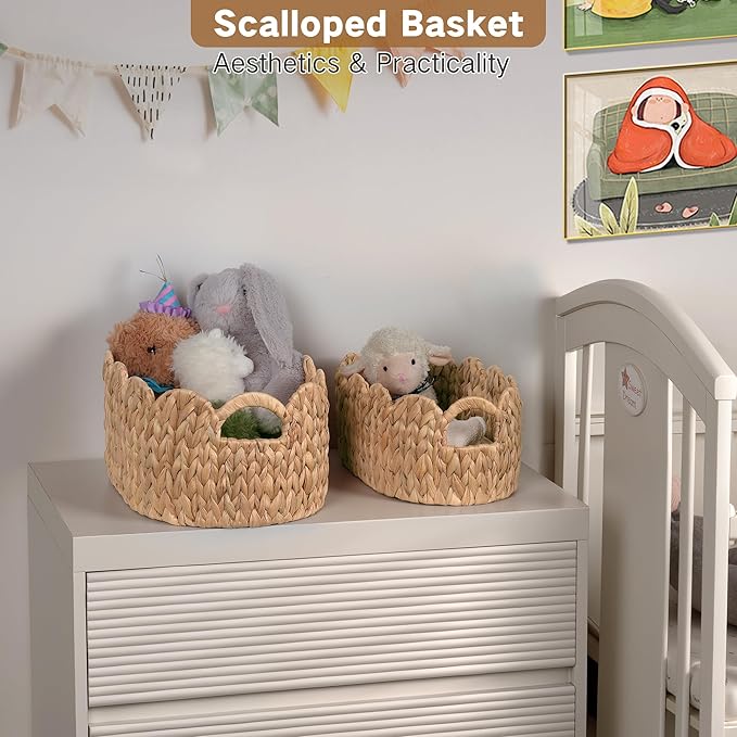 Scalloped Wicker Basket, Water Hyacinth Storage Oval Cute Baby Baskets - Image 2