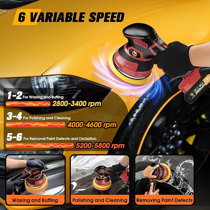 Cordless Car Buffer Polisher kit 6-Speed Orbital Design, LED Display, - Image 4