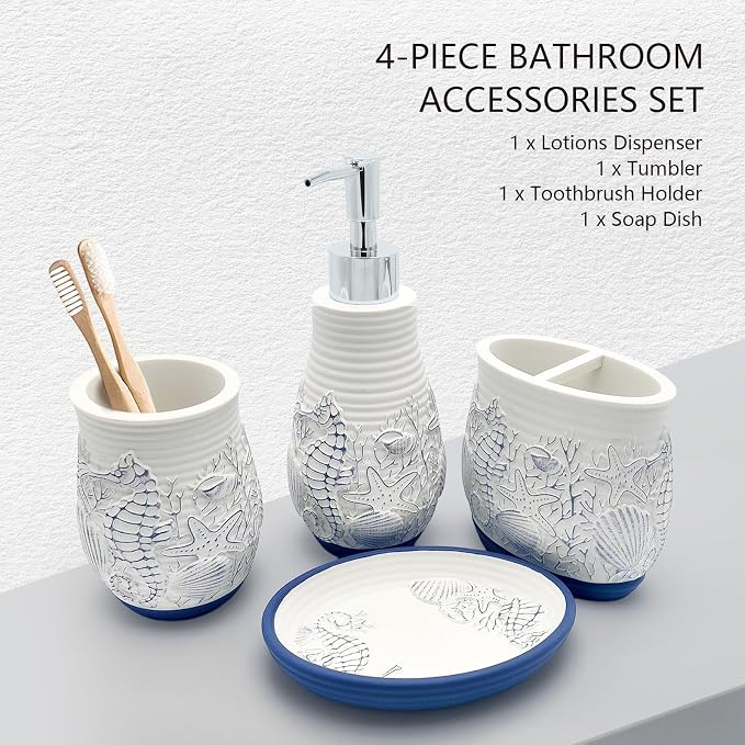 Beach Theme Bathroom Accessory Sets 4PCs Bathroom Set Complete Embossed - Image 2