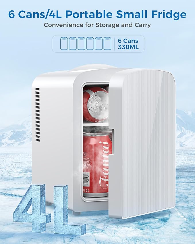 Mini Fridge, 4L/6 Cans Cooler & Warmer Portable Compact Refrigerator, Small - Image 3