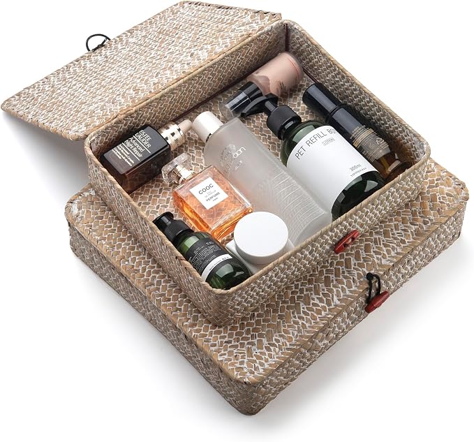 Whitewash Seagrass Basket with Lid Rectangular Decorative Storage Boxes - Image 3