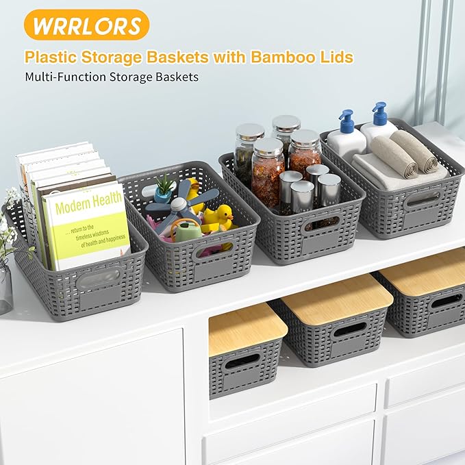 Plastic Storage Baskets with Bamboo Lids and Labels, Stackable Storage - Image 2
