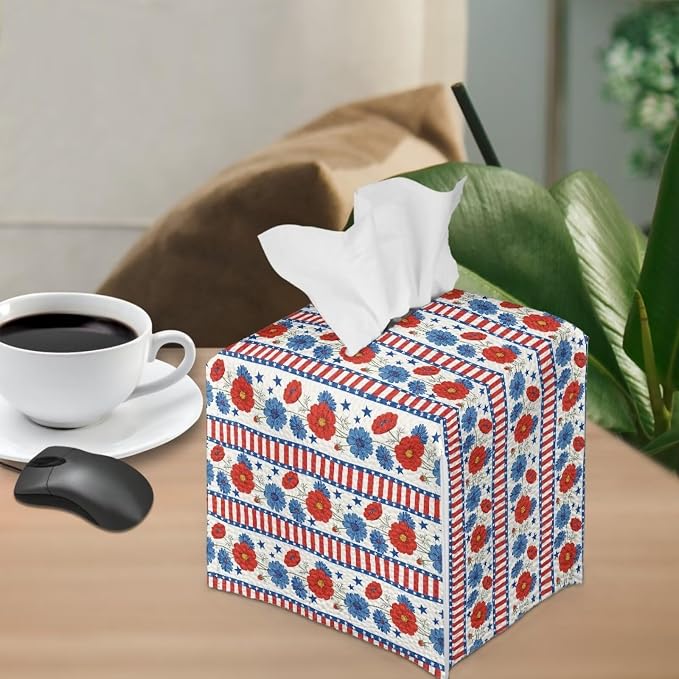 American Flower Tissue Box Holder Square PU Leather Tissue Organizer Case - Image 4
