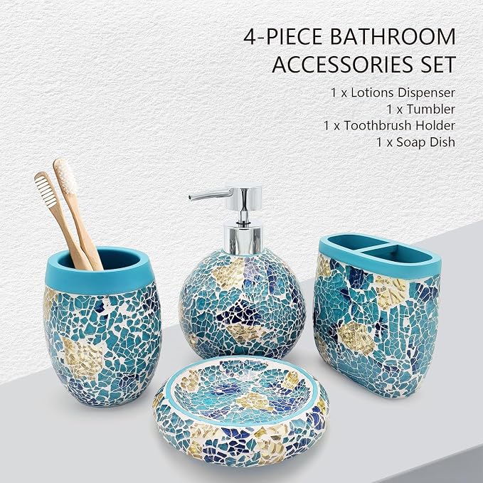 Handmade Blue Mosaic Glass Bathroom Accessory Sets 4PCS Bathroom Accessories - Image 2