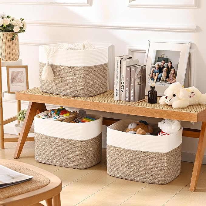 3 Pack Cube Storage Bin, 17”x12”x12” Cotton Rope Woven Baskets - Image 3