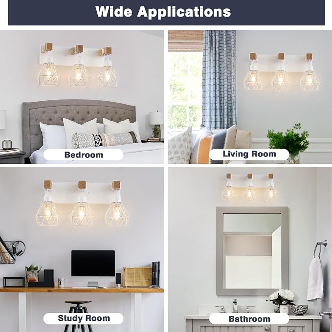 White Bathroom Vanity Light Fixtures, 3-Light Wood Bathroom Light Fixtures Over - Image 6