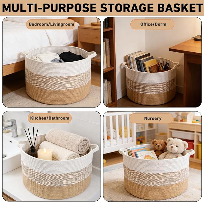 115L Large Blanket Basket, 23.6"L x 23.6"W x 15.7"H Rope Woven Baskets - Image 5