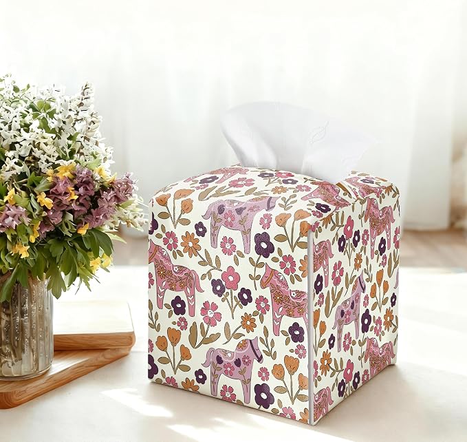 Vintage Floral Horse Tissue Box Cover, Square PU Leather Tissue Holder - Image 3